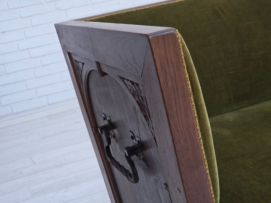 Image 1 of 1950s, Danish 2-seater sofa, original green furniture velour, oak wood.