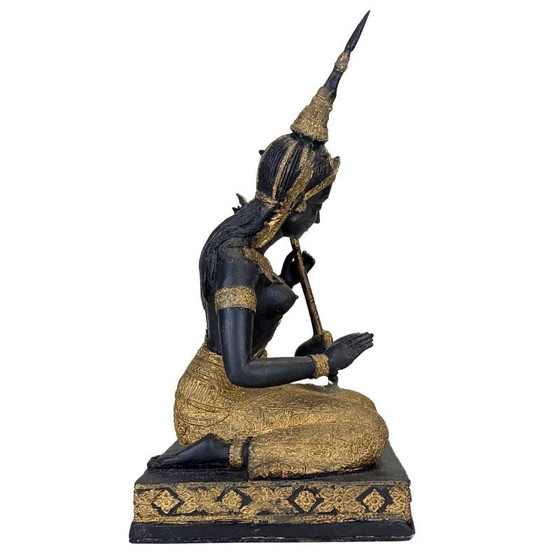 Thaise Muzikant Beeld Brons – Goud Zwart Patina Tempelfiguur – Beeldhouwkunst, Bronze, Aziatisch (photo 3 of 14)