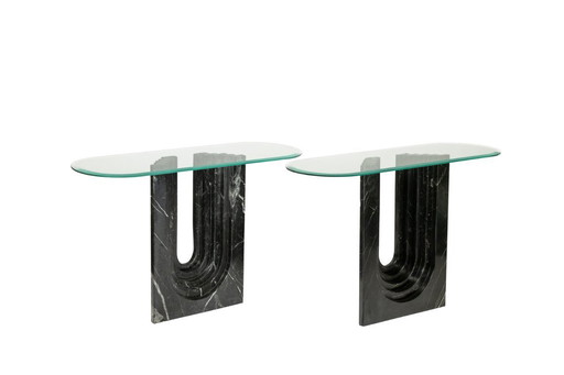 Pair of marble and glass top console tables. 1980s.