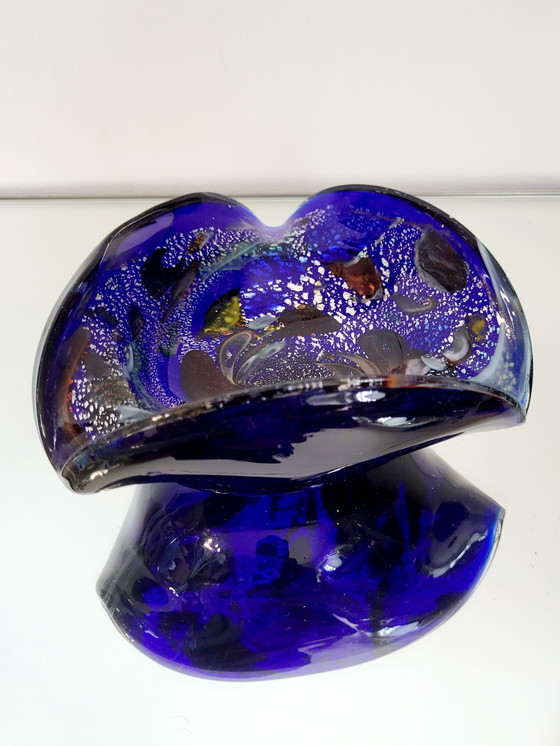 Image 1 of Murano Bowl, Tutti Frutti, Organic Design With Silver Leaves, Italy (Blue)