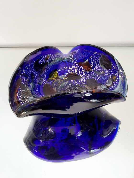 Image 1 of Murano Schaaltje, Tutti Frutti, Organische Vormgeving Met Zilverblaadjes, Italy (Blauw)