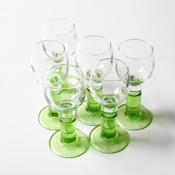 Image 1 of Set of 6 Vintage Limoncino Liqueur Glasses / Green Stem Shot Glasses Bormioli / Italy / 1970s