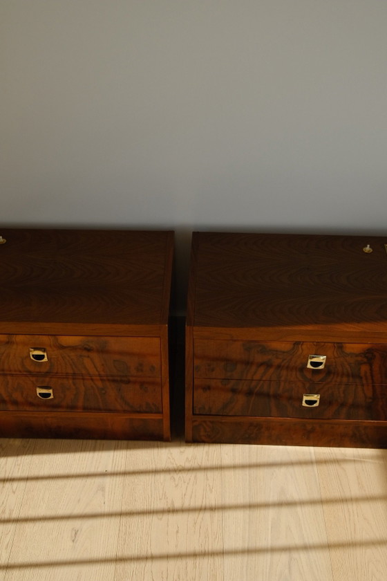 Comodini vintage in radica con due cassetti e luci integrate, Legno, Marrone (foto 6 di 11)