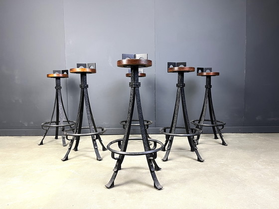 Image 1 of Sgabelli da bar brutalisti vintage in ferro battuto, anni '70 - Set di 6