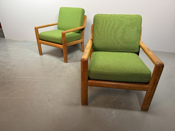 Image 1 of Mid-Century Design Set of Lounge Chairs in Solid Light Oak and Fresh Green Fabric Upholstery Attributed to Juul Kristensen