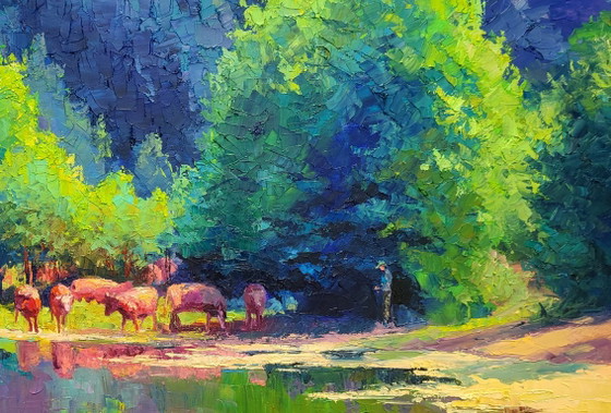 Origineel olieverfschilderij Natuurlandschap Zomerweide Vijver Kudde koeien – Schilderijen & Tekeningen (photo 5 of 7)