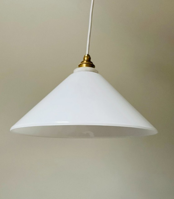 Image 1 of Set of 4 opaline white vintage pendant lamps with new fittings (frosted glass)