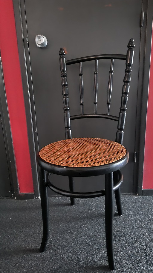 Vintage Fischel Stuhl – Tschechoslowakei – schwarzes Holz mit Korbsitz