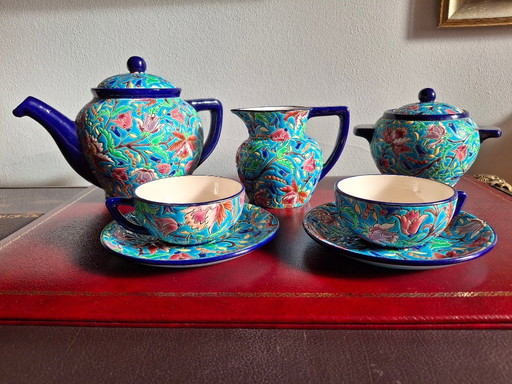 Cloisonné-Emaille-Teeservice von Longwy