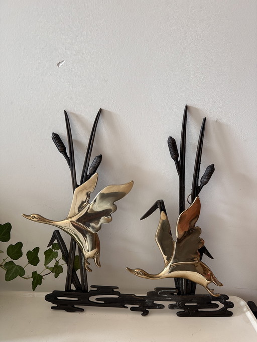 Wall decoration brass swans by reeds