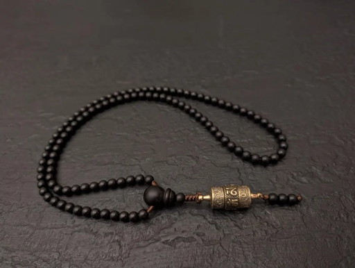 Black Ebony Wood Mala Necklace 108 Beads Tibetan Rotating Prayer Wheel Pendant Om Mani