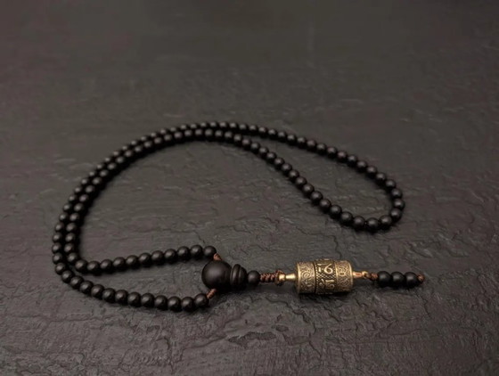Image 1 of Black Ebony Wood Mala Necklace 108 Beads Tibetan Rotating Prayer Wheel Pendant Om Mani