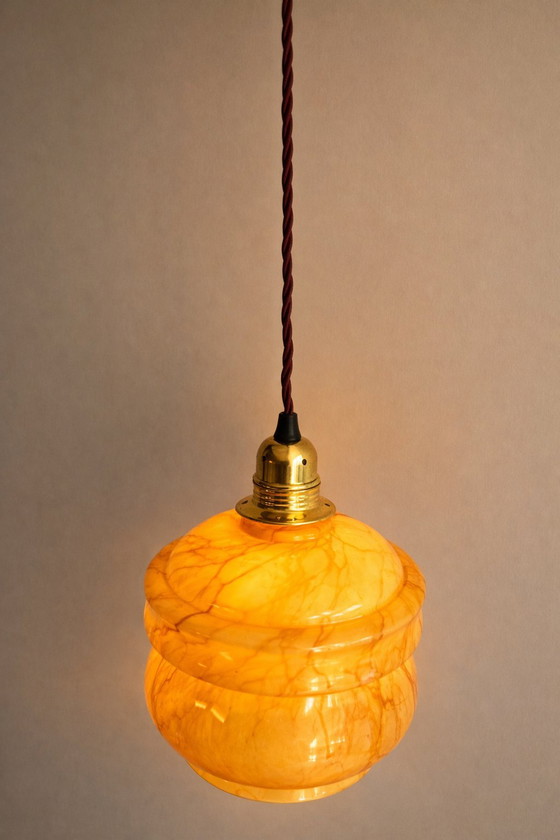 Image 1 of Vintage Art Deco amber marbled glass pendant lamp – 1920s/1930s style