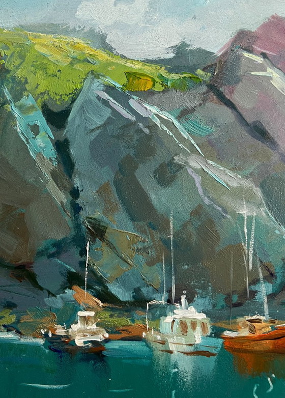 Image 1 of Original Oil Painting Rock Landscape The sea washes the mountains