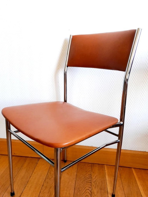 Image 1 of 3x Stühle aus der Mitte des Jahrhunderts, bezogen mit Kunstleder und Chrom, ca. 1950