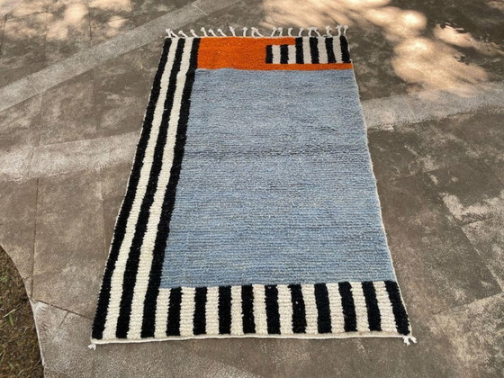 Image 1 of Handwoven Moroccan Berber Rug: Blue Geometric Wool Carpet 2X3m