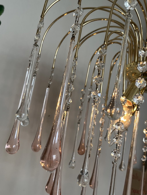 Vintage XXL Crystal Pink Teardrop Pendant Lamp Italian