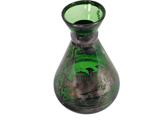Image 1 of Vaasje - Groen - zilver overlay - handgeschilderd - Italie (San Remo) - 60's