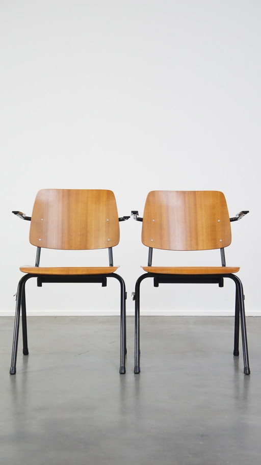 Set Van 4 Vintage Jaren ’60 Dutch Design Marko School/Kantine/Eetkamerstoelen Met Armleuningen