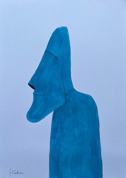 Encre de Chine turquoise sur papier blanc.  Format 30x21cm. 