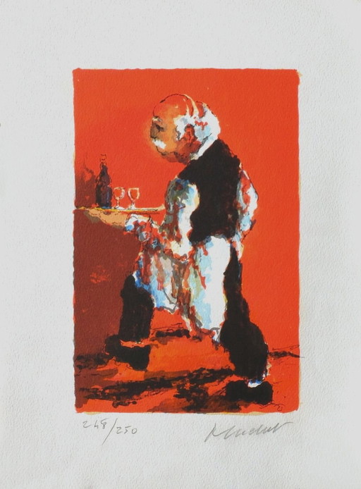 Urbain HUCHET Parigi, il cameriere Litografia firmata 2000
