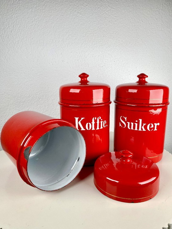 Image 1 of Vintage Red Kitchen Canisters for Tea, Sugar & Coffee  – Dutch Retro Enamel Kitchen Storage Tins – Old European Kitchen Storage 