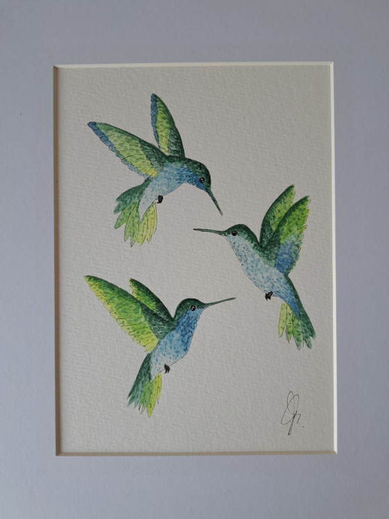 Watercolor painting Hummingbirds Green with Blue | With frame, Paintings & Drawings, Paper (photo 3 of 5)