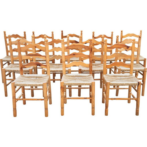 Set of 12 vintage rustic pine chairs, Italy 1990
