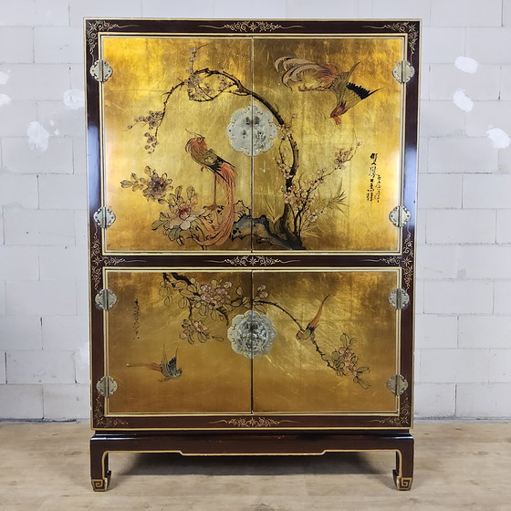 Image 1 of Vintage Chinese kast Bladgoud / Bloemen en Vogels / Bohemian / oosterse/ Aziatische kast 