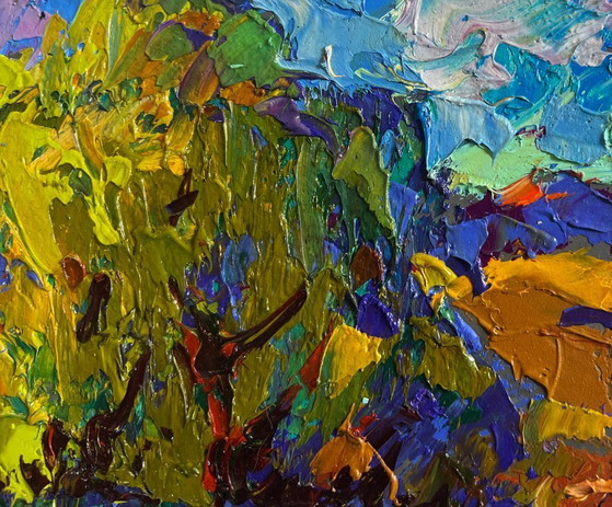 Image 1 of Original Oil Painting Summer Coastal Landscape The boat is sailing on the lake