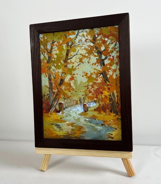 Origineel olieverfschilderij: Herfstboslandschap met gevallen bladeren in een herfstpark.