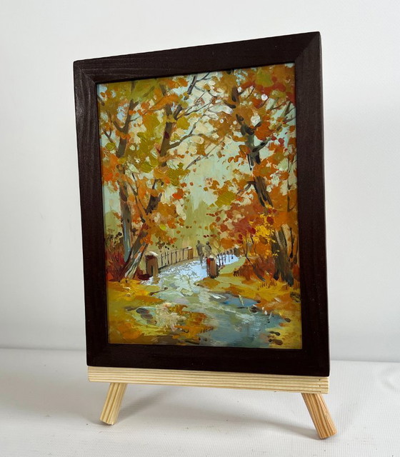 Image 1 of Origineel olieverfschilderij: Herfstboslandschap met gevallen bladeren in een herfstpark.