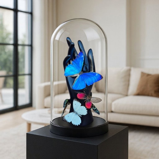Véritables papillons sur la main, œuvre d'art taxidermique sous dôme de verre