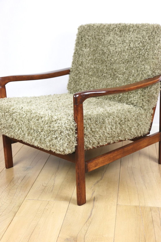 Image 1 of Fauteuil vintage en bois marron, cheveux longs vert olive, design de Z. Bączyk - 2 exemplaires disponibles