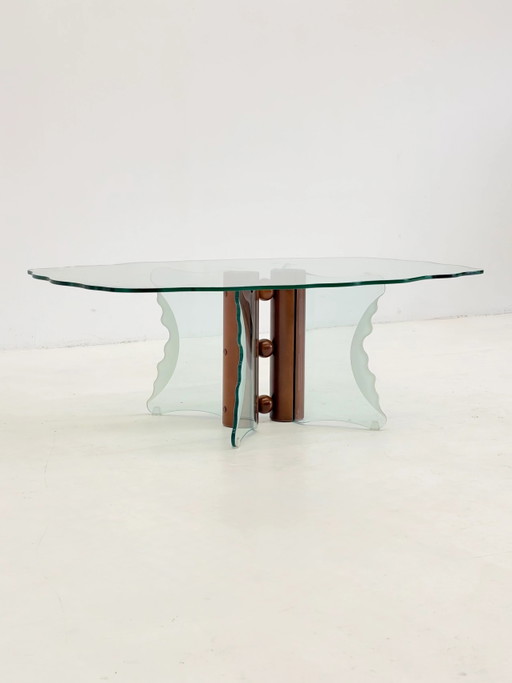 Mesa de centro vintage posmoderna con cristal ondulado y esferas de madera