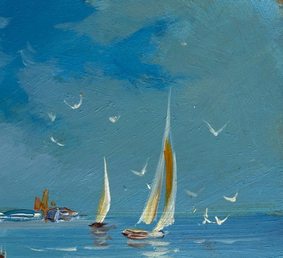 Image 1 of Origineel olieverfschilderij: Zomers zeegezicht, voorbereiding op een zeereis.