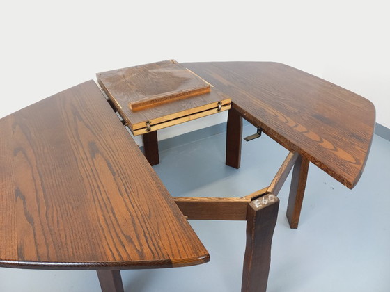 Image 1 of Vintage brutalist hexagonal oak dining table from the 1950s with extension