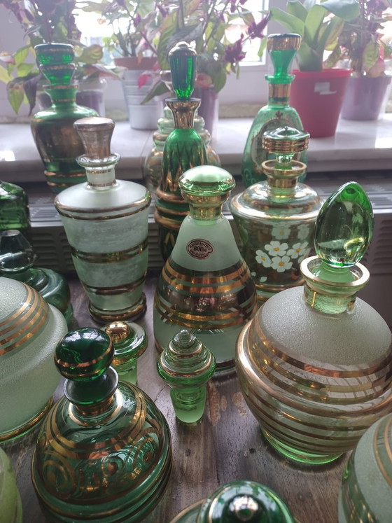 Image 1 of Huge vintage green gold glass collection, 50s Booms glass decanters and vanity jars lot De Rupel