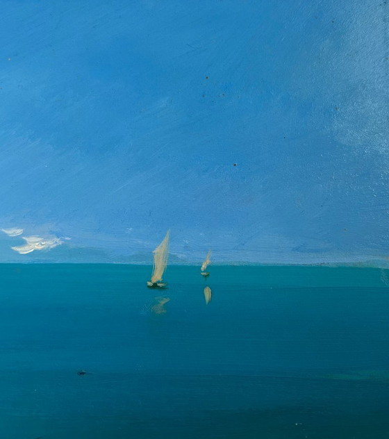 Image 1 of Pintura al óleo original: Paisaje costero marino a través de la inmensidad del mar.