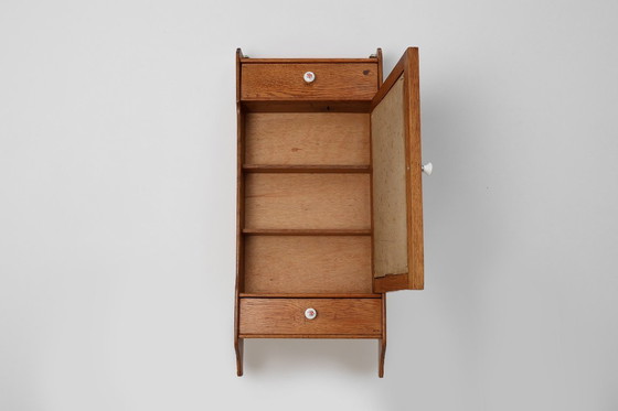 Image 1 of Art Deco houten wandkast met spiegeldeur en 2 laden, Frankrijk ca. 1900