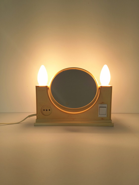 Image 1 of Vintage Vanity Mirror / Retro Cosmetic Mirror / Illuminated Mirror / Space Age Design / 70's Desk Mirror / Tabletop Mirror / Pop