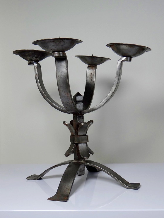 Image 1 of Pair of Massive Brutalist Wrought Iron 4-Light Vintage Candlesticks