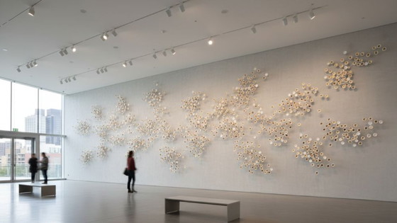 Image 1 of Dimensionaal modern organisch decoratief wandkunstwerk met textuur in wit, brons, espresso en goud - "Groei"