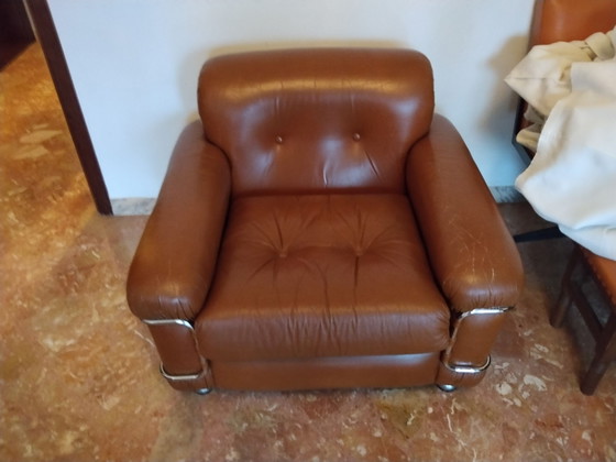 2 Sessel und Sofa, ceriotti, Leder, Chrom, Braun (Foto 3 von 7)