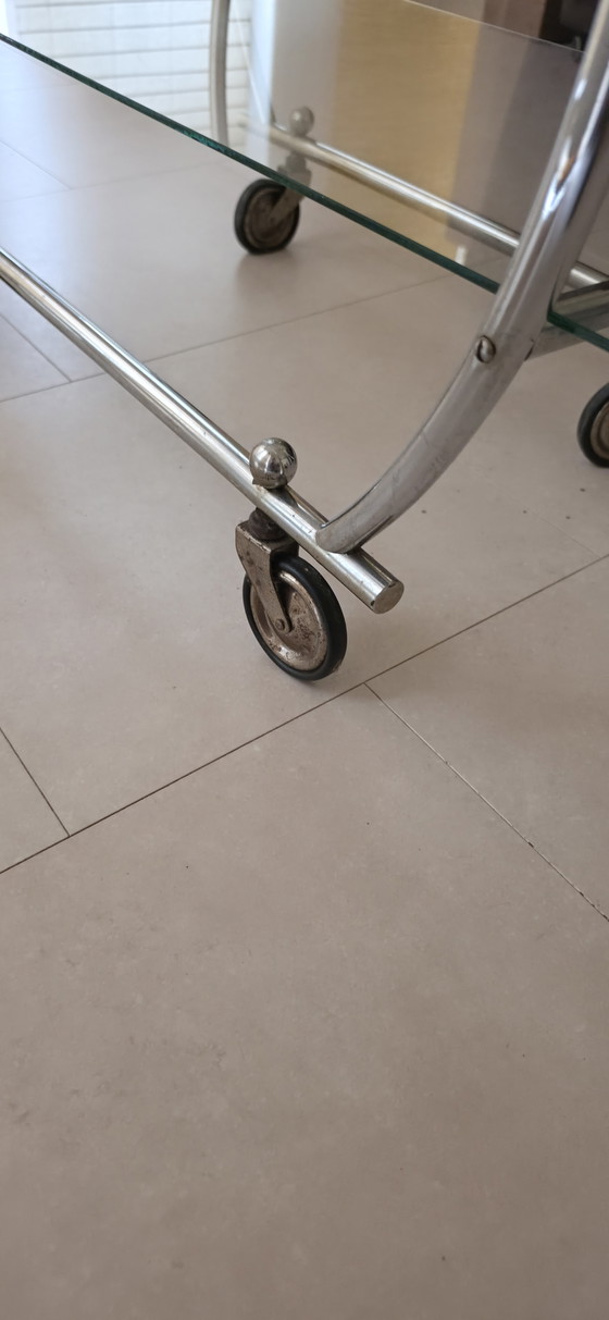 Image 1 of Originaler Servierwagen im Bauhaus-/Art-déco-Stil aus den 1930er-Jahren – verchromtes Messing