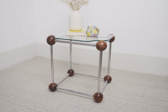 Image 1 of  Atomic MCM Side Table Vintage 1970s Mid Century Modern Space Age Chrome Glass Wood Sphere Joints Molecular Coffee Table 