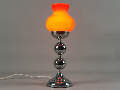 Vintage 1970s Bergdala Table Lamp – Orange Glass Shade & Chrome Stacked Sphere Base – Swedish Space Age Lighting.