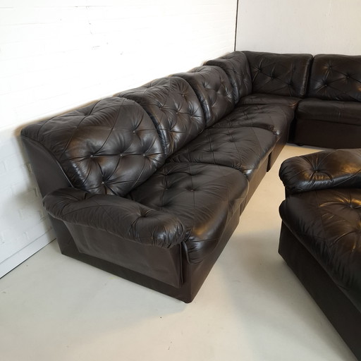 Canapé d'angle modulable vintage 7 pièces en cuir noir/marron