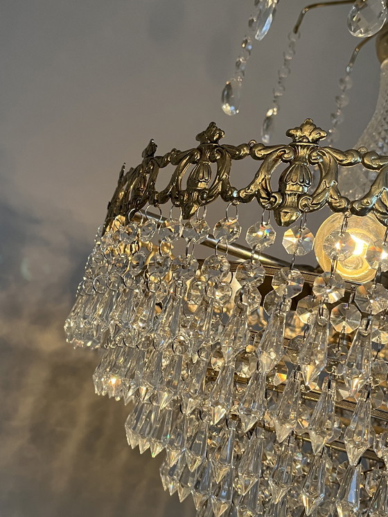 Image 1 of Vintage Crystal Chandelier Pendant Lamp Bronze Gold Frame