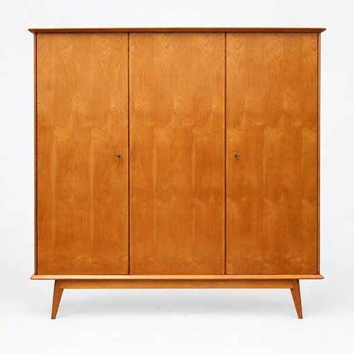Vintage 3-deurs kledingkast – houten garderobekast met spiegel